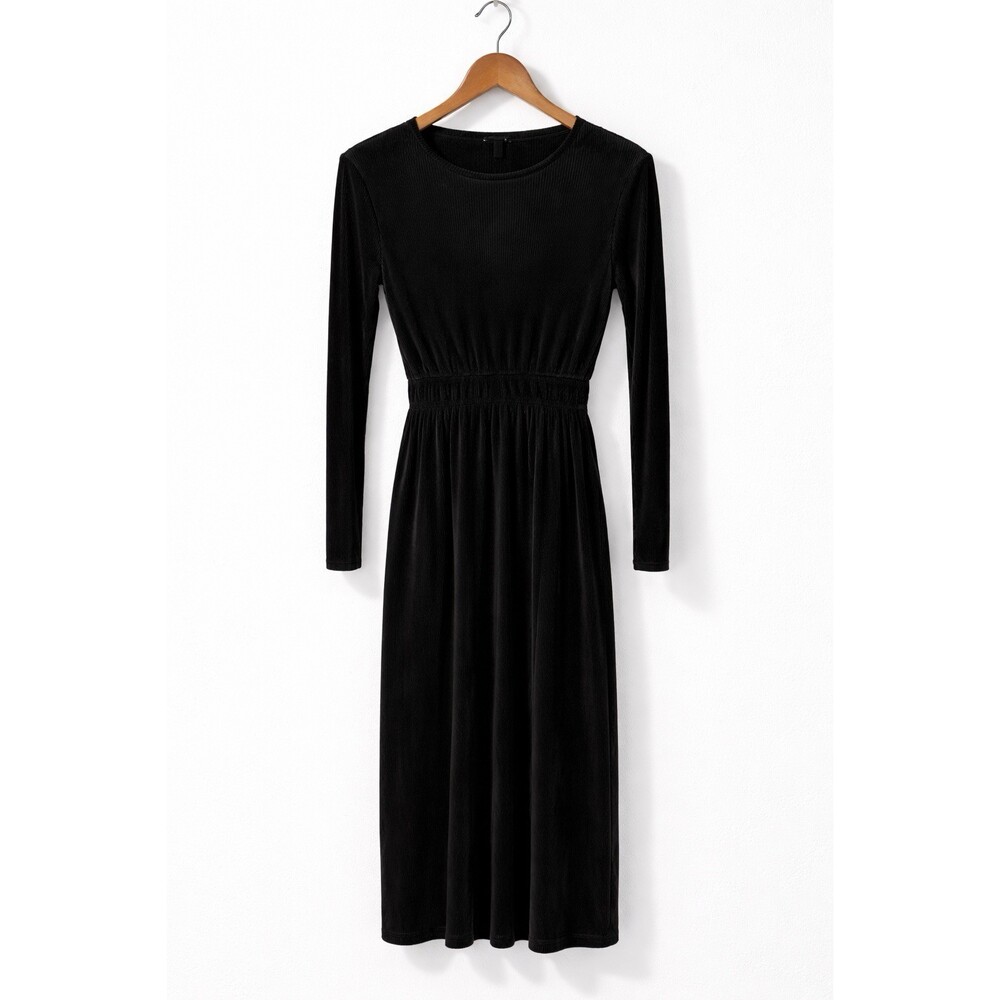 Zara Black Ribbed Midi Dress Long Sleeve Fitted Waist Size S NWT